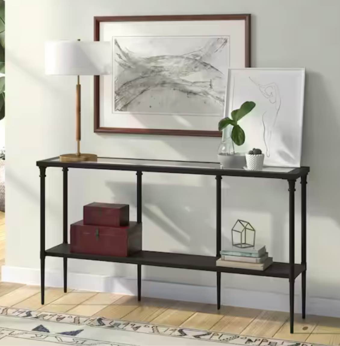 55 in. Blackened Bronze Rectangle Glass Console Table with Solid Metal Shelf
