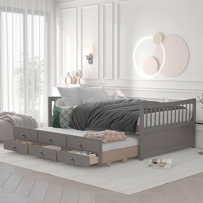 Incomplete Box 1/2 Daybed with Trundle ,Sofa Bed with Pull-Out Twin Size Trundle and Storage Drawers for Boys Girls Bedroom, No Box Spring Needed (Grey, Full)