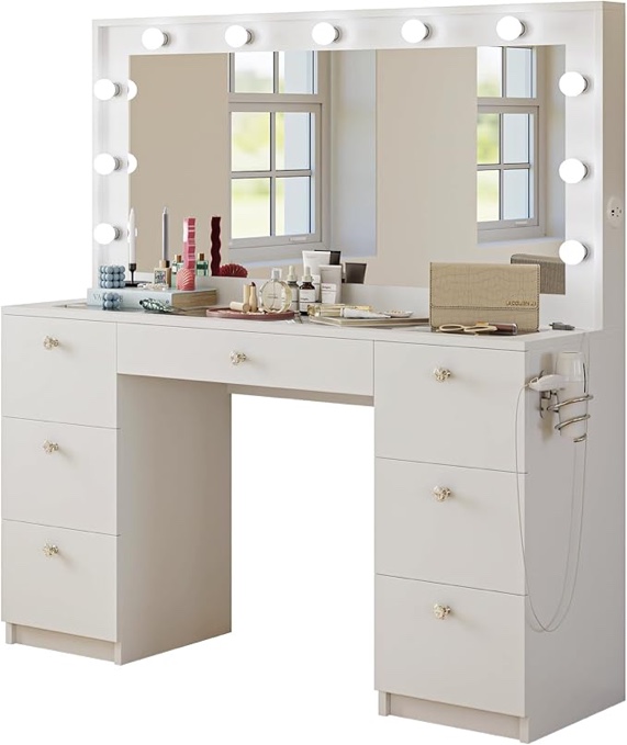 Incomplete ONLY box 2/3 Boahaus Yara - Glass Top Large Vanity Desk w/Hollywood Mirror Lights, 7 Drawers, Crystal Knobs, USB Type-C & Type-A, Power Outlet, Stylish Makeup Table w/Mirror for Women, Teens, Bedrooms  White