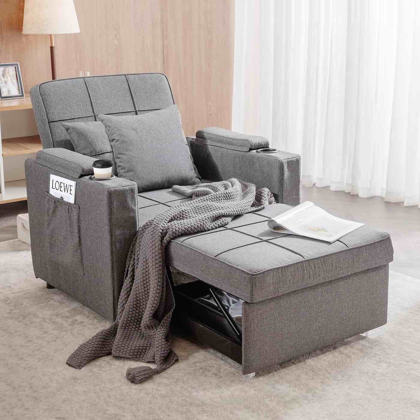 COMHOMA recliner sofa, Armchair Cup Holders, 3-in-1 Single Convertible, Grey
