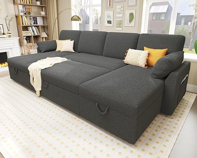VanAcc Sleeper Sofa, 110 inch Oversize - 2 in 1 Pull Out Bed, Sectional Sleeper Sofa with Double Storage Chaise for Living Room, Grey Boucle Couch ( incomplete 1 piece only) 