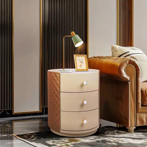 Round Bedroom Nightstand Table with 3 Drawers Sintered Stone-top JJ-XZ1399