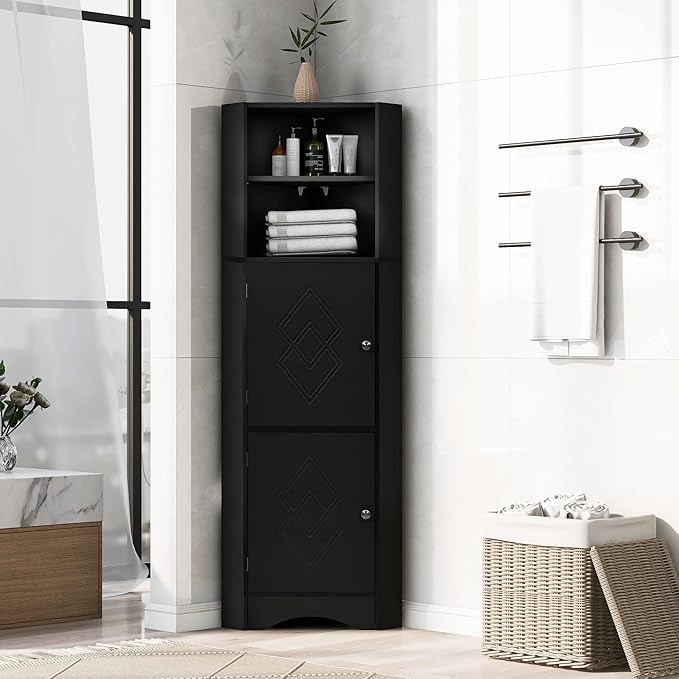 Tall Bathroom Corner Cabinet with Doors, Wood Freestanding Corner Storage Cabinet  (black) 