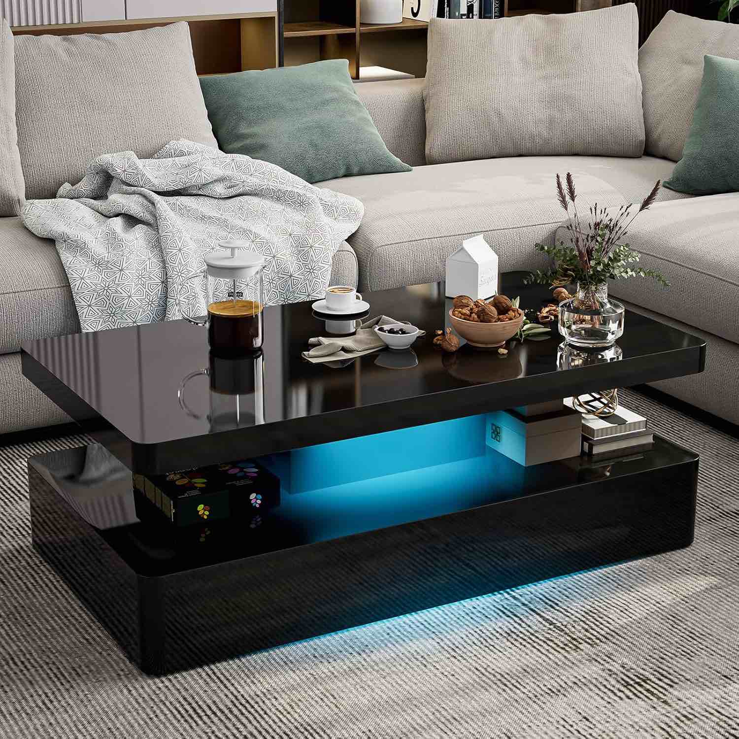 IKIFLY LED High Glossy Coffee Table, Modern Coffee Table HU9054-BK00