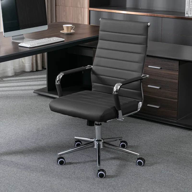 Amaiia Mid-Back Ribbed Leather Upholstered Adjustable Swivel Rolling Ergonomic Office Desk Chair