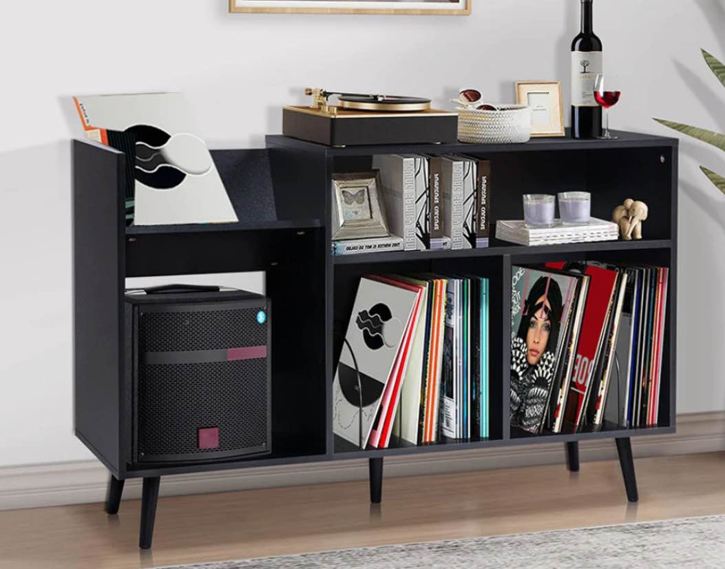 Large Record Storage Cabinet Turntable Stand with Wood Legs