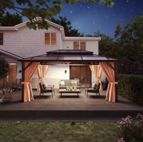 Aoxun 12'x16' Outdoor Polycarbonate Double Roof Hardtop Gazebo with Aluminum Frame Permanent Pavilion and Curtains & Netting (incomplete 1 box only)