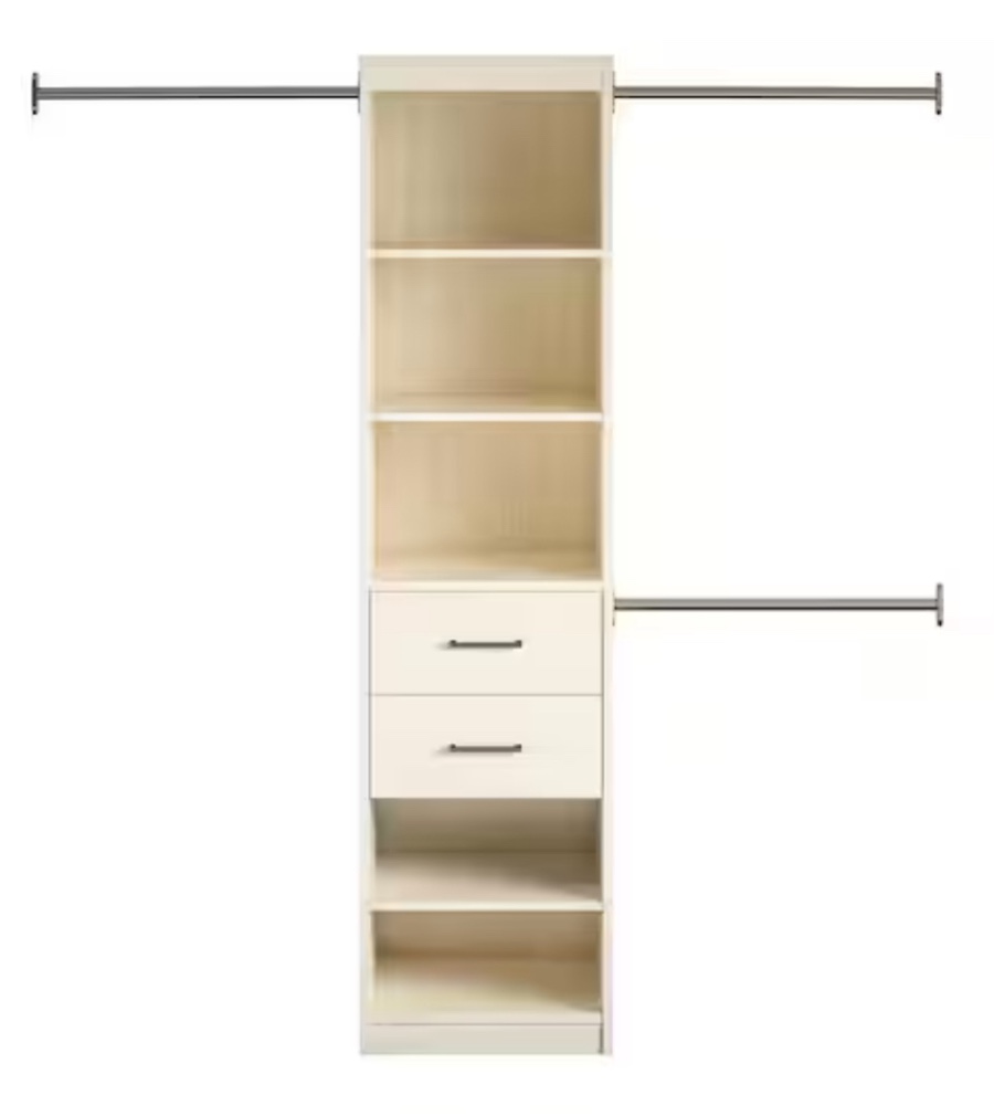 Kelly, Ivory Oak 5-Shelf/2-Drawer Closet Organizer with 3-Adjustable Hanging Rods