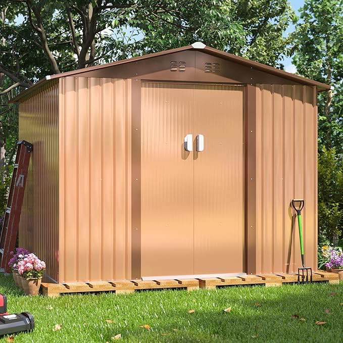 JAXPETY 8'x8' Garden Shed, Large Metal Lockable Outdoor Storage Shed & Outdoor Storage Garden Shed Tool Outdoor Storage Shed with Sliding Doors and Air Vent for Backyard, Patio, Lawn Coffee (incomplete 1 box only)