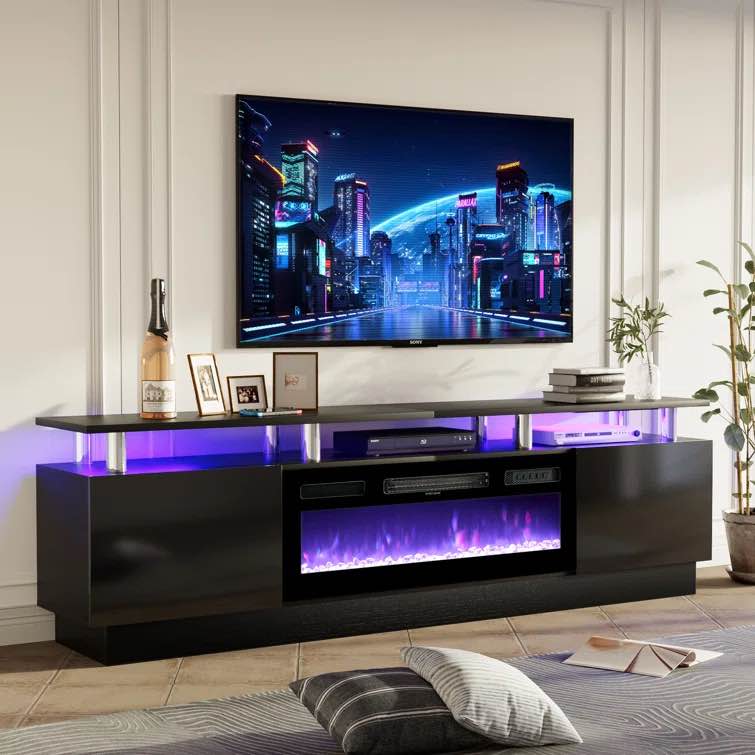 Black Keely 70'' TV Stand for TVs up to 80'' with Electric Fireplace and Adjustable Shelves (incomplete 1 box only)