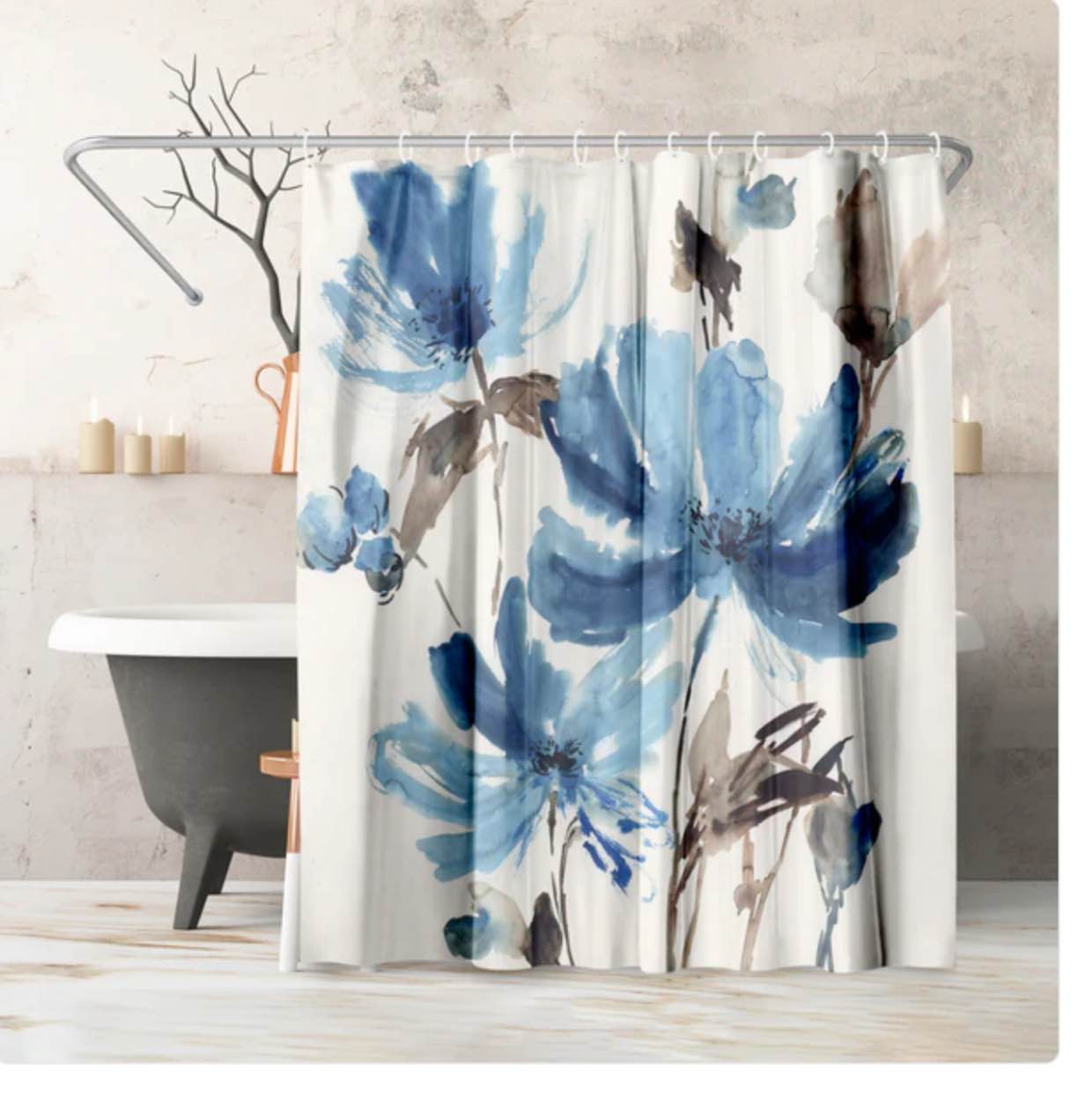 71" x 74" Floral Shower Curtain with 12 Hooks, Blissful Blue by PI Creative Art