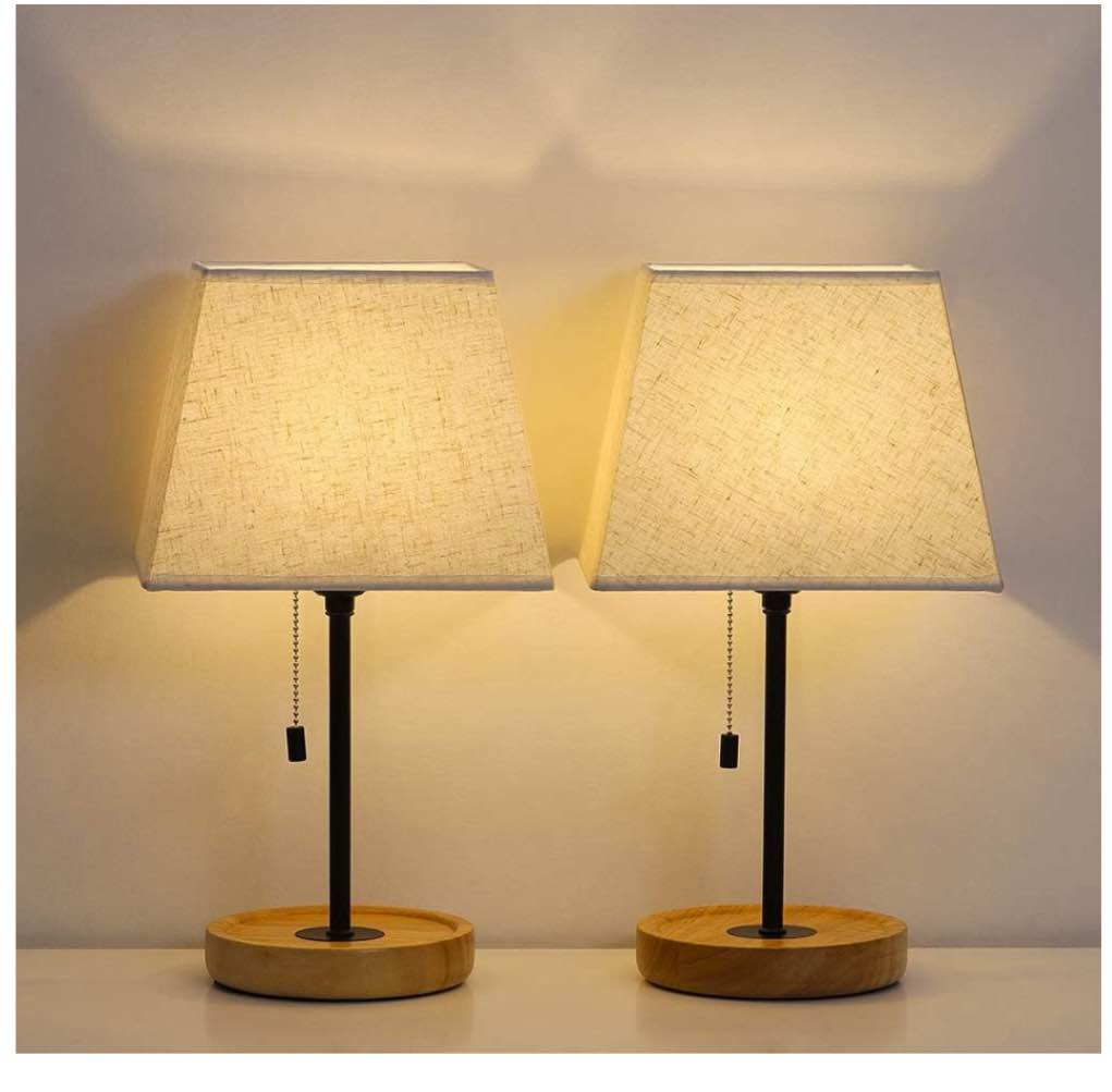 HAITRAL Modern Table Lamps - Minimalist Bedside Lamps Set of 2, Nightstand Desk Lamp with Convenient Pull Chain and Wood Base for Bedroom, Living Room, Guest Room, Office (HT-ATH80-29X2)