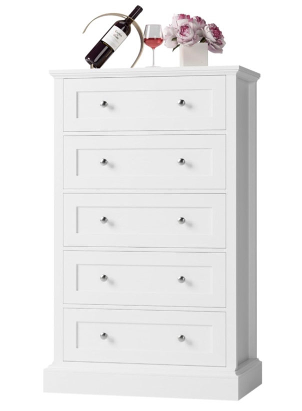 5 Drawer Dresser, 47.2" Tall White Dresser with 5 Drawers, Chest of Drawers Cabinet Wood Dresser for Hallway Living Room