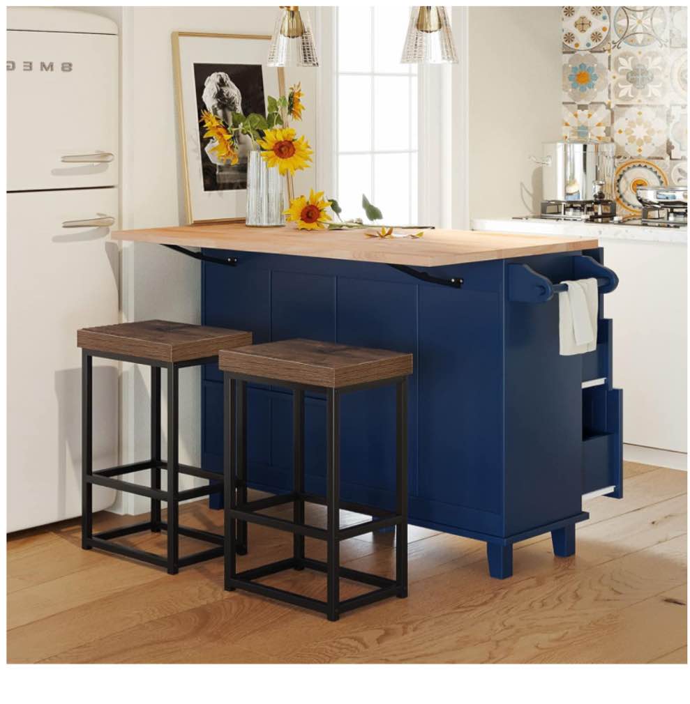 3-Piece Kitchen Island Set with Drop Leaf Table and 2 Stools, 5 Drawers, Dining Table Set with Storage Cabinet, Drawers and Towel Rack, Breakfast Nook Table Set for Small Places,Blue