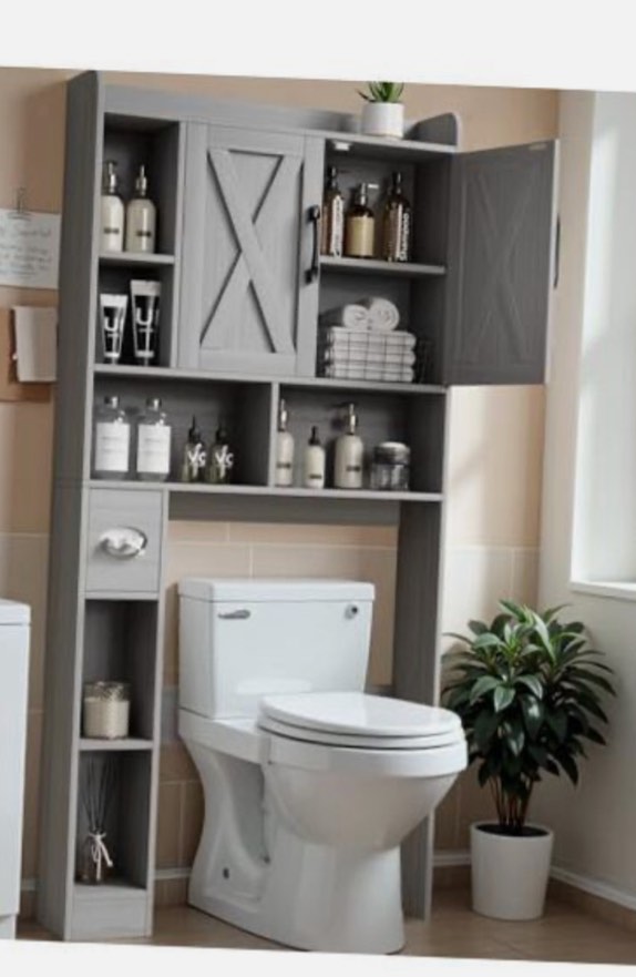 Over The Toilet Storage Cabinet, with 2 Farmhouse Barn Door, Tissue Grey