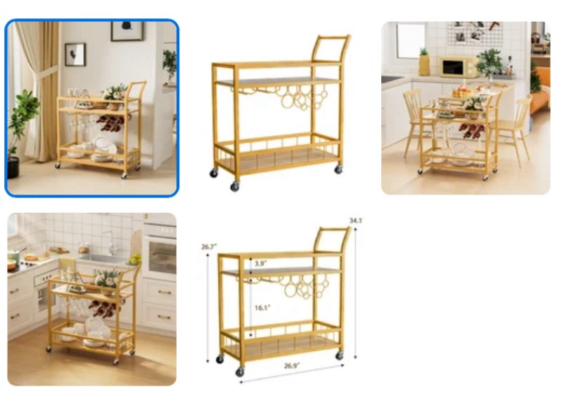 Lacoo Bar Cart Gold, Home Bar Serving Cart, Wine Cart with 2 Shelves, Wine Holders, Glass Holders, for Kitchen, Dining Room, Gold