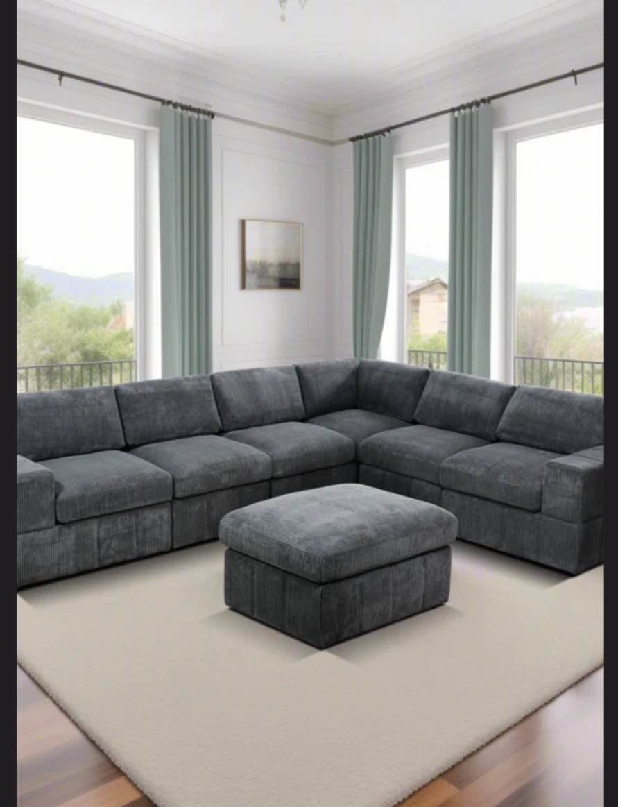 Grey Corduroy Ottoman
