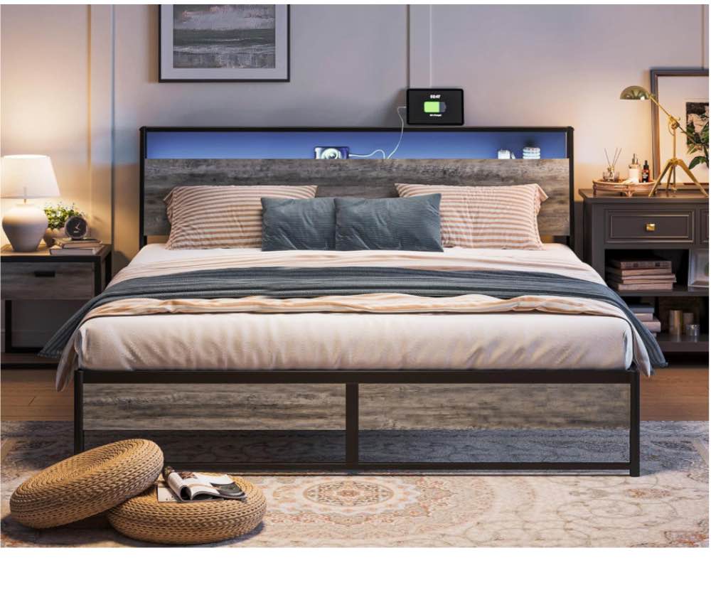 LINSY King Size Bed Frame, Ergonomic Storage Headboard with Charging Station& LED Lights, Fast Assembly King Bed Frame, Noise Free, No Box Spring Needed, Greige