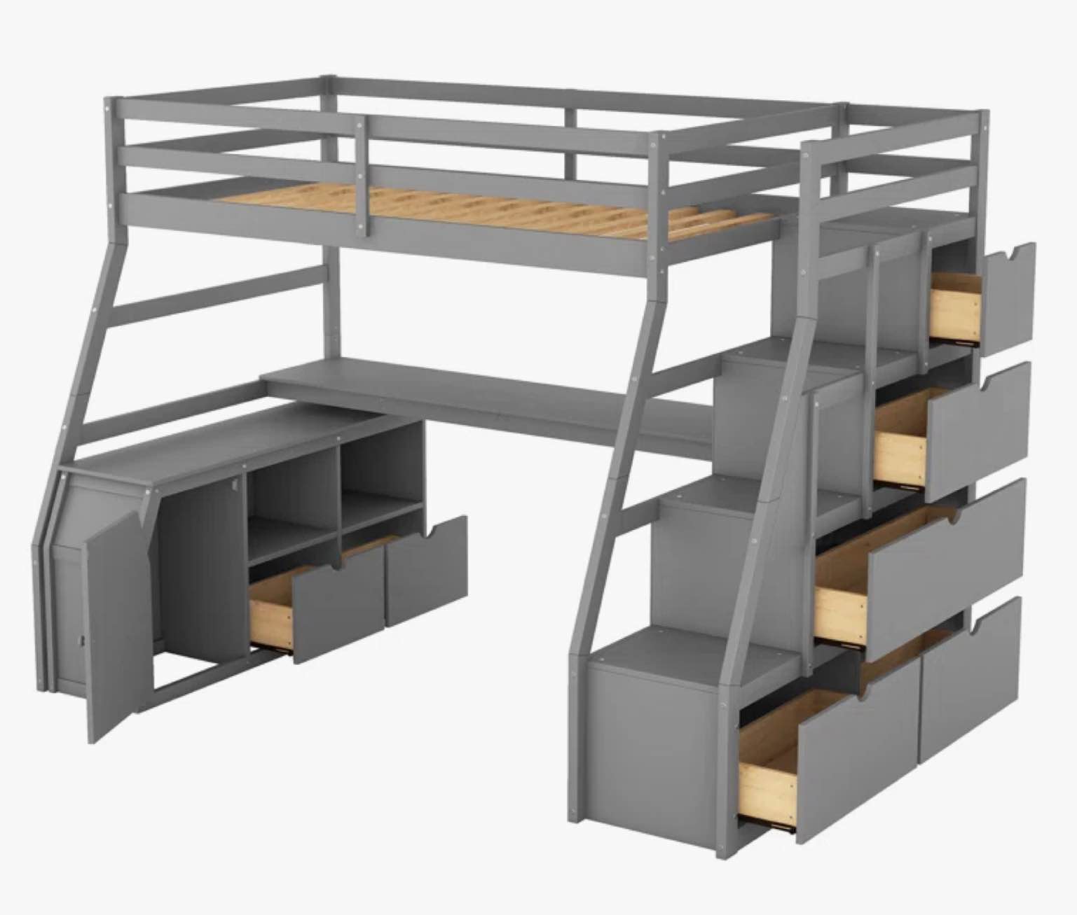 Heiki Storage Loft Bed with Desk and Stairs, Grey 