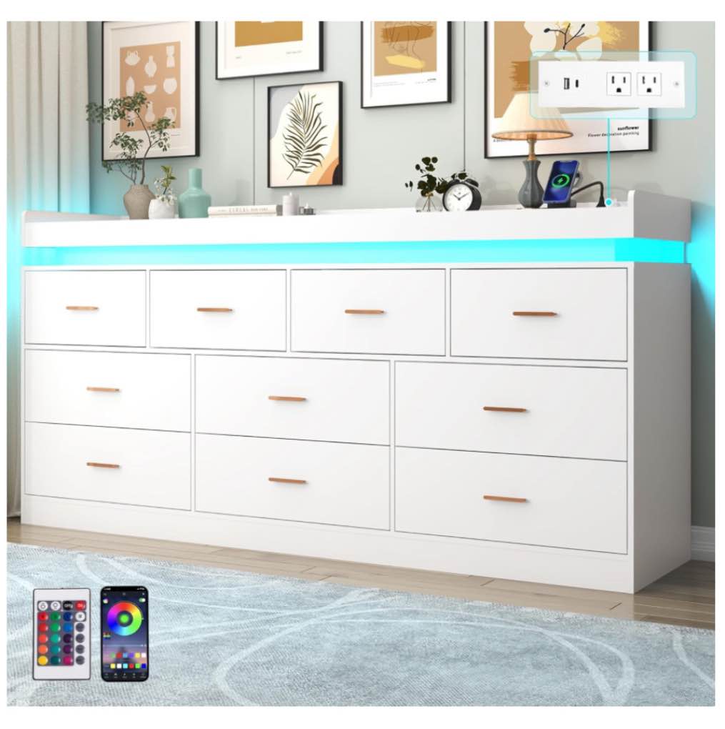 10 Drawer Dresser with LED Light and Charging Station, Modern Chest of Drawers for Closet, Wide Drawer Organizer Cabinet for, Living Room, Entryway, Hallway, White