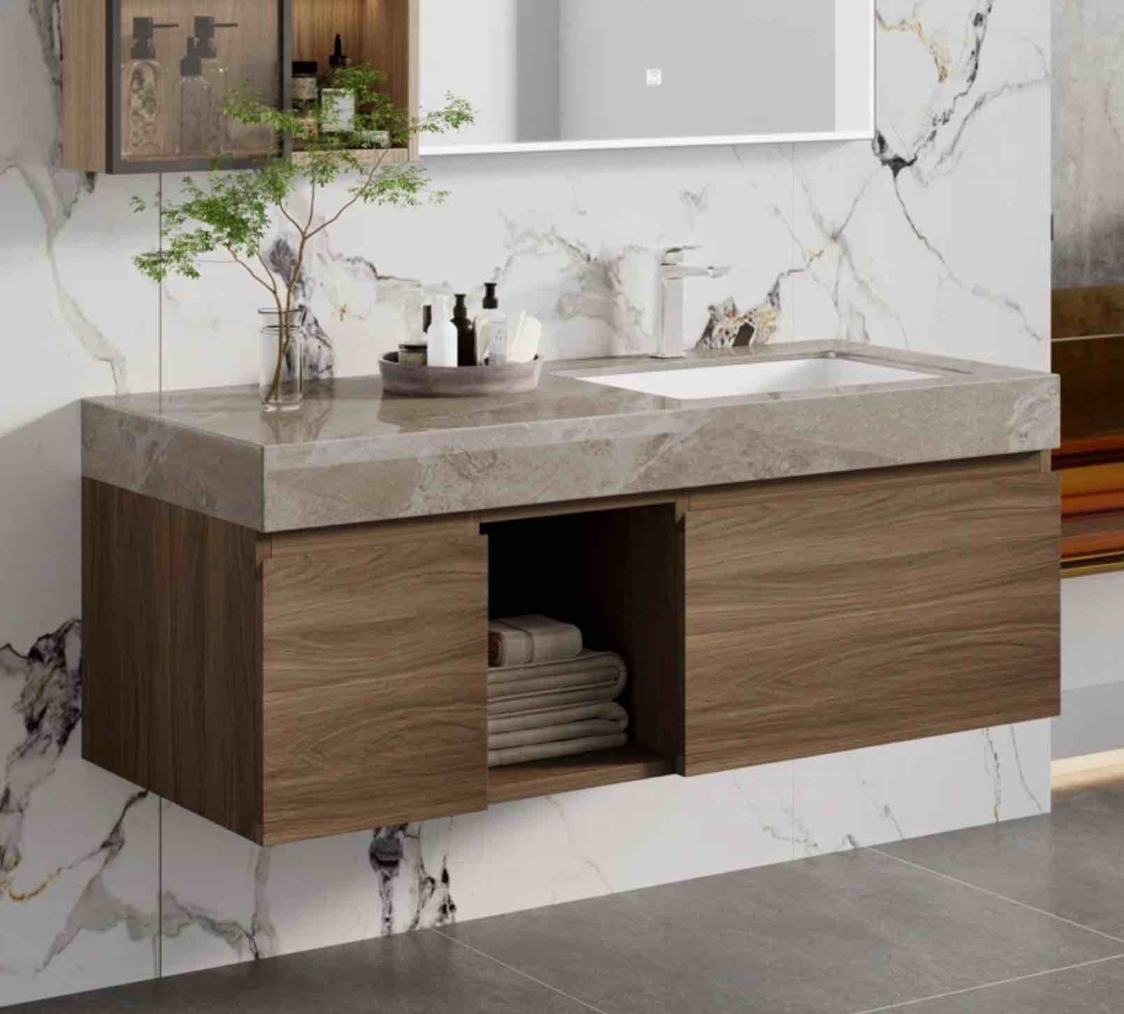47.6" Brown Faux Marble Single Bathroom Vanity with Top