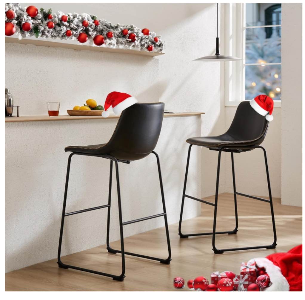 Sweetcrispy Counter Height Bar Stools Set of 4, 26 inch Leather Barstools Modern Bar Stools with Back, Counter Stool Armless Bar Chairs with Metal Legs, Footrest, Classic Black