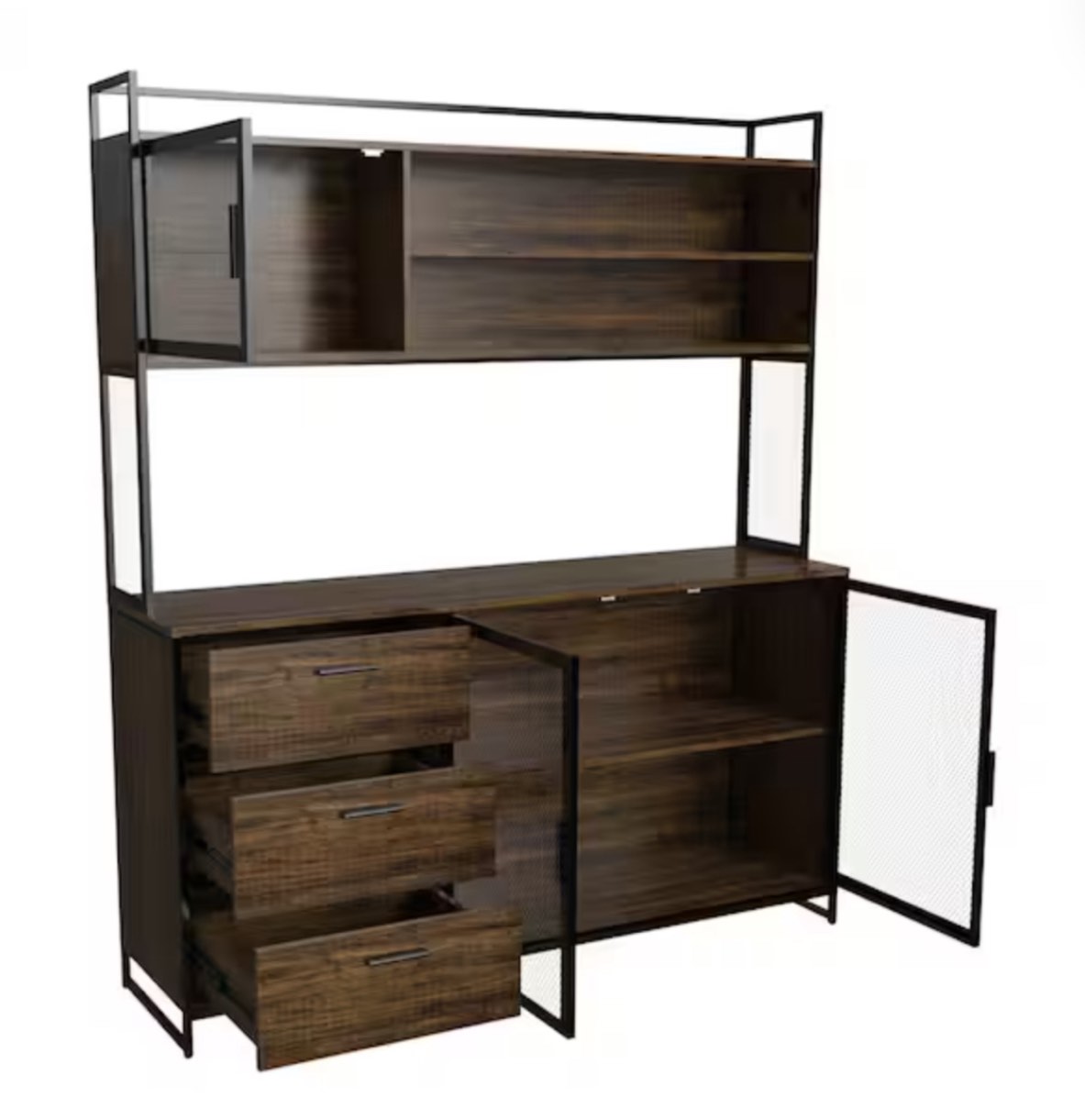 Brown Food Pantry Buffet Sideboard Pantry Cabinet with Metal Mesh Doors, 3-Drawers, Shelves For Kitchen Dinning Room