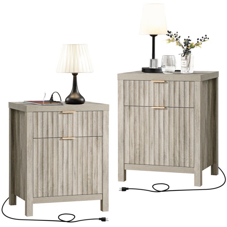 Greige Oak Arrilla 25'' 2 - Drawer Nightstand with Built-In Outlets (Set of 2)