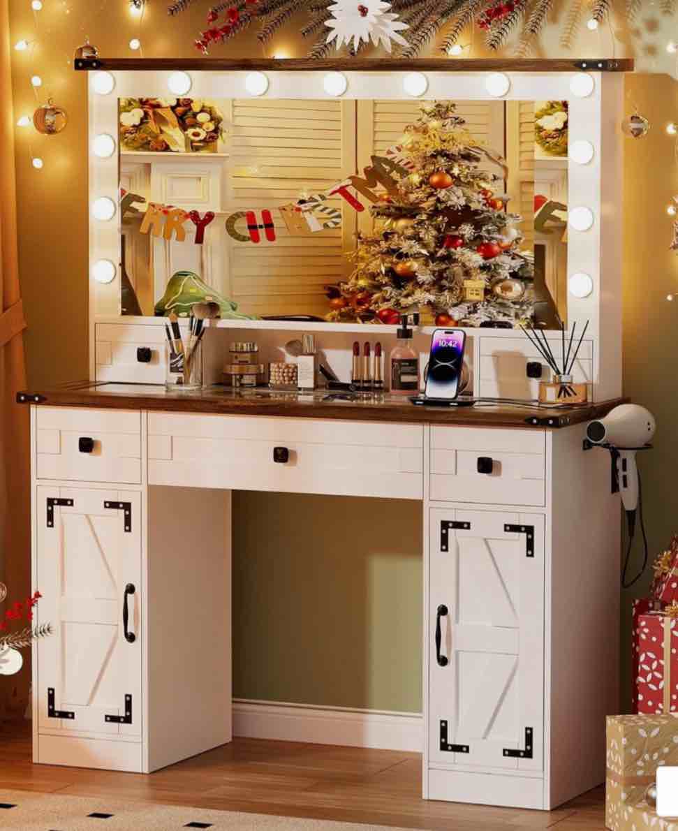 45'' Farmhouse Makeup Vanity Desk with Mirror and Lights,Glass Tabletop