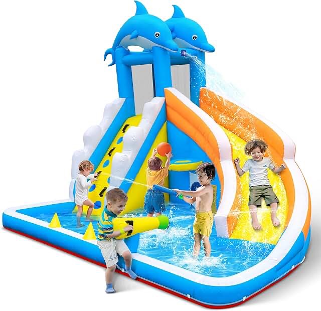 Inflatable Water Slide,5 in 1 Dolphin Inflatable Bounce House for Kids- Climbing Wall Splash Pool Water Cannon Basketball Rim - 480W Blower - for Indoor Outdoor Backyard Birthday Party