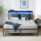 Queen Bed Frame with Ergonomic Headboard, Platform Metal Bed Frame with RGB Lights, Outlets & Charger, 45 Minutes Fast Assembly Bed Queen Size with Storage, No Box Spring Needed, Greige
