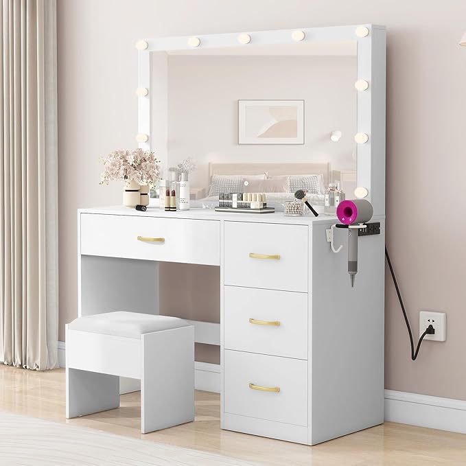 (glass broken) DWVO Makeup Vanity with Lighted Mirror, Vanity Desk with Power Strip, Adjustable Lighting, 4 Drawers, and Cushioned Stool for Bedroom, Dressing Room