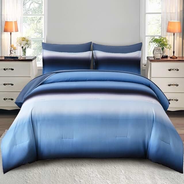 Dinjoy Blue 100 Poly Rainbow Comforter Set. Similar to Photo