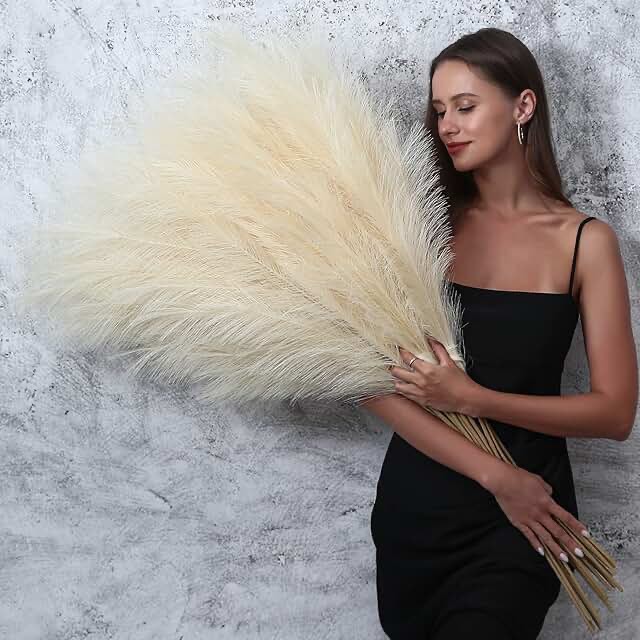 8 Pcs 45 inch Tall Faux Pampas Grass Decor, Large Artificial Beige Pompous Grass Bulk, Long Fake Pompas for Floor Vase Filler, Wedding, Baby Shower, Home and Boho Decor (Beige)