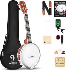 Vangoa Banjo Uke, 4 String Banjolele with Armrest, Concert 23 Inch Sapele Banjo Ukulele with Beginner Kit
