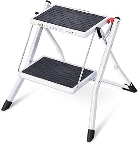KINGRACK Folding Step, 2 Step Stepladder, Foldable, Ladder with Non-Slip Rubber mat, Step Stool with Release Button, Light Steel, 330LBS