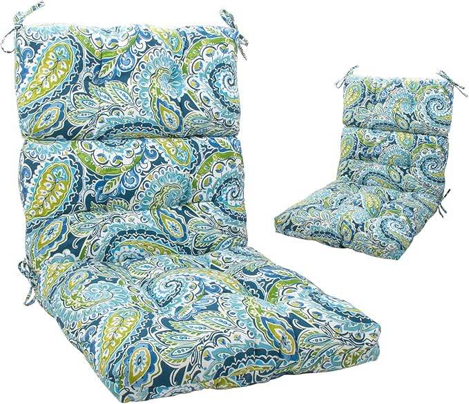 Indoor Outdoor Tufted High Back Chair Cushion Set of 2, Waterproof All-Weather Deep Seating Rocking Chair Patio Chaise Lounge Sun Lounger Chair Cushions(Paisley Lapis Green)