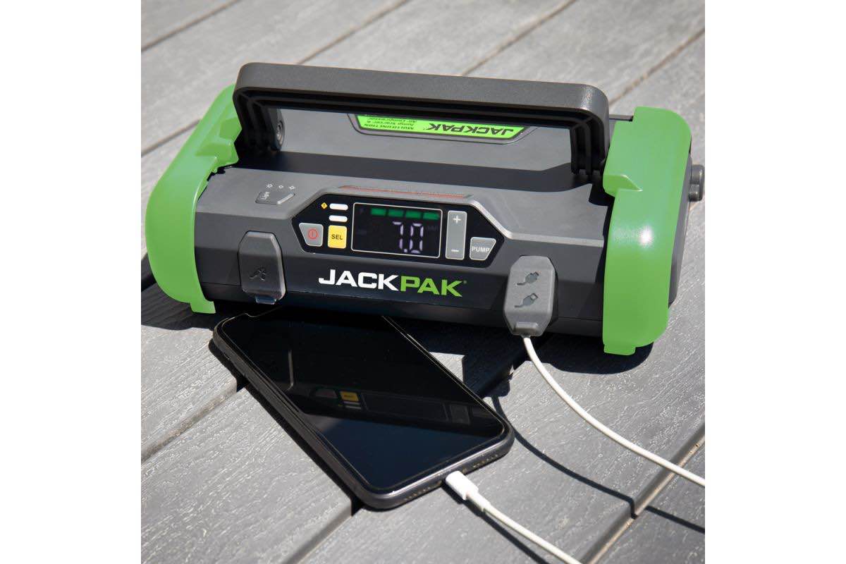 The JackPak ULTRA2500A is the perfect roadside companion. This 4-in-1 lithium jump starter bundles everything that you’ll need for roadside assistance and emergencies. This versatile battery pack acts as a jump starter, air compressor, LED flashlight, and even a charger for your favorite mobile device. Its compact design lets you easily stow it in your trunk or glove compartment!