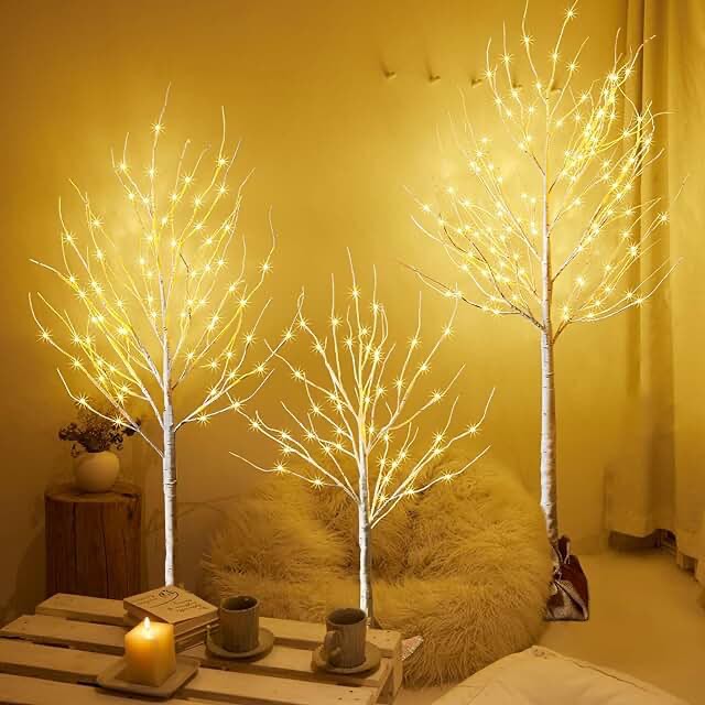 Set of 3 Lighted Birch Tree 4FT 6FT and 8FT LED Artificial Tree for Decoration Inside and Outside, Home Patio Wedding Festival Christmas Decor, Warm White 4FT+6FT+8FT
