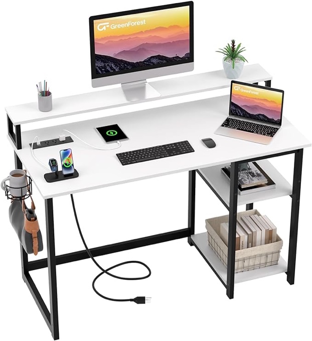 GreenForest Small Computer Desk with USB Charging Port and Power Outlet, Home Office Desk with Monitor Stand and Reversible Storage Shelves, 40 inch Work Desk with Cup Holder and Hook, Black
