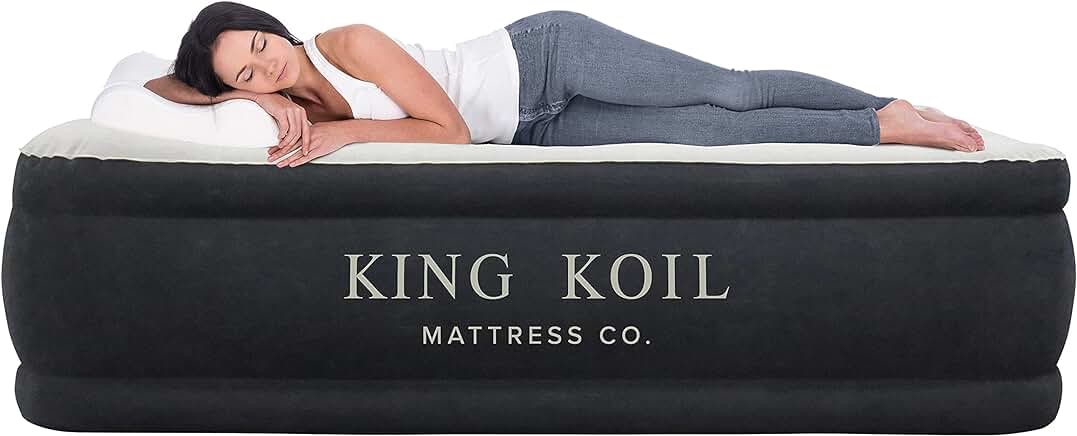 King Koil Pillow Top Plush Queen Air Mattress With Built-in High-Speed Pump Best For Home, Camping, Guests, 20" Queen Size Luxury Double Airbed Adjustable Blow Up Mattress, Waterproof, 1-Year Warranty