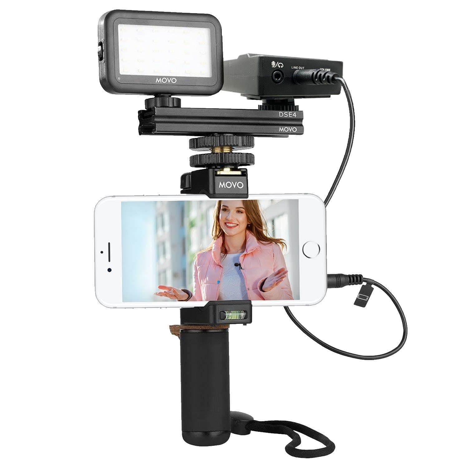 Elevate your smartphone recordings with this complete video kit including smartphone rig, wireless microphone system, and LED light.