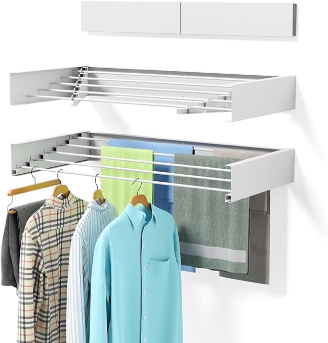 Laundry Drying Rack Collapsible, Wall Mounted, Clothes Drying Rack, 31.5" Wide, 13.2 Linear Ft, 5 Aluminum Rods, 60 lb Capacity, Laundry Racks for Drying Clothes with Wall Template(White 31.5" Medium)