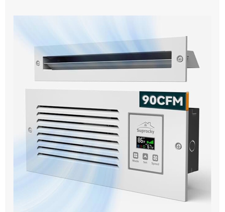 SUPROCKY Room to Room Air Transfer Fan, Through Wall Exhaust Fan with Intelligent Programmed Air Exchange System, Hardwired, 3-Speed, In Wall Vent Fan with Temperature Sensor, 200CFM, RTR140