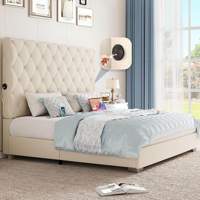 YITAHOME Queen Bed Frame with Headboard 53" Tall,Upholstered Platform Bed with Charging Station,Bed Frame Button Tufted Velvet Headboard,No Box Spring Needed,Noise-Free (Beige, Queen)