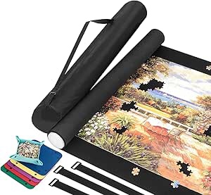 Jigsaw Puzzle Mat Roll Up, Jigsaw Puzzle Rubber Mat With Guiding Lines, Saver Pad 46” x 32” Portable Up to 2000 Pieces with Non-Slip Rubber Bottom and Smooth Polyester Top + Storage Bag, Colorful Tray