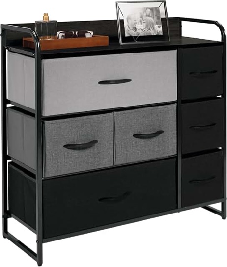 mDesign 30.9" High Steel Frame/Wood Top Storage Dresser Furniture Unit with 7 Removable Fabric Drawers - Large Bureau Organizer for Bedroom, Living Room, Closet - Gray/Multi-Color/Black Gray/Black