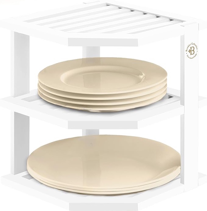 Bambüsi Plate Organizer for Cabinet - Bamboo Kitchen and Bathroom Organization - Ideal for Cabinet Space Saving, Corner Cabinet Organizer, Countertop, and Corner Shelf Kitchen Organizer (White)
