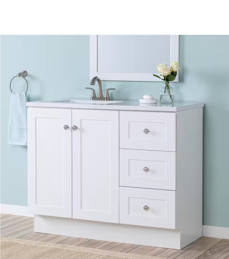 (incompetente)Bannister 43 in. W x 19 in. D x 35 in. H Single Sink Freestanding Bath Vanity in White with White Cultured Marble Top