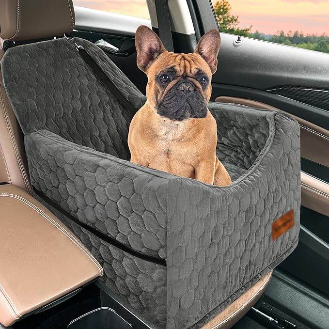 Dog Car Seat for Small Dogs, Memory Foam Dog Booster Seat, Elevated Pet Car Seat for Dogs up to 35 lbs, Travel Safety Dog Car Bed with Washable Removable Cover, Storage Pockets (Gray)